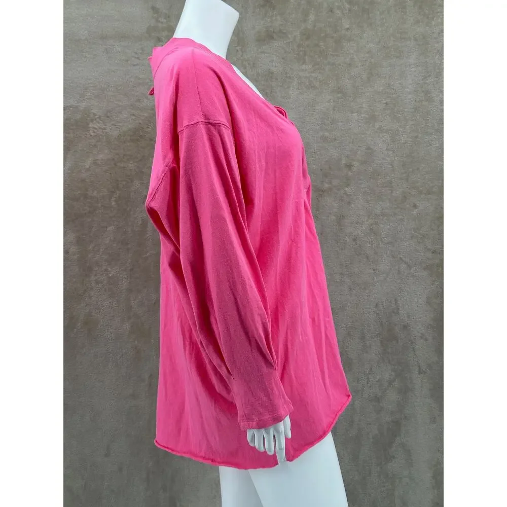 Free People Top Women Medium Pink Tunic V-Neck Oversized Long Sleeve 100% Cotton